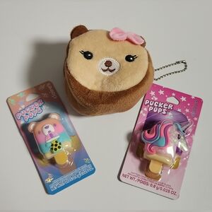 Bear Coin Purse or Makeup Bag & 2 Claires Lipgloss Pucker Pops (Bear & Unicorn)